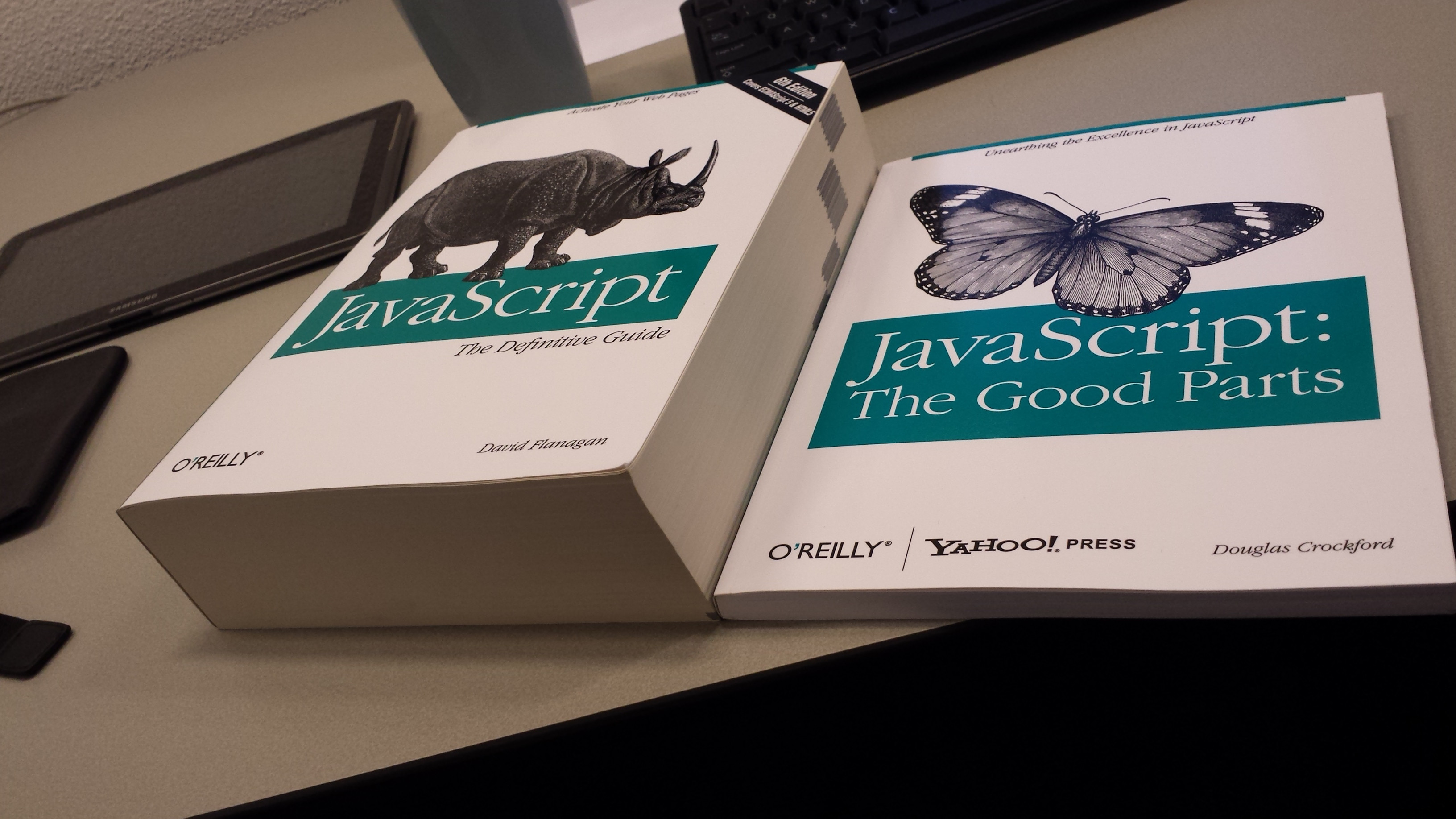 Image showing the massive JS definition book, and just beside the tiny JS the good parts
